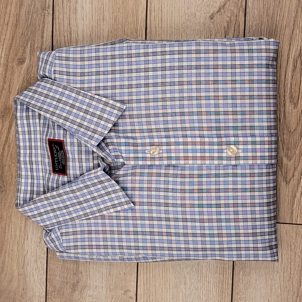 UNTUCKIT Wrinkle Free Slim Fit Cotton Blue Plaid Large Short Sleeve Mens Shirt